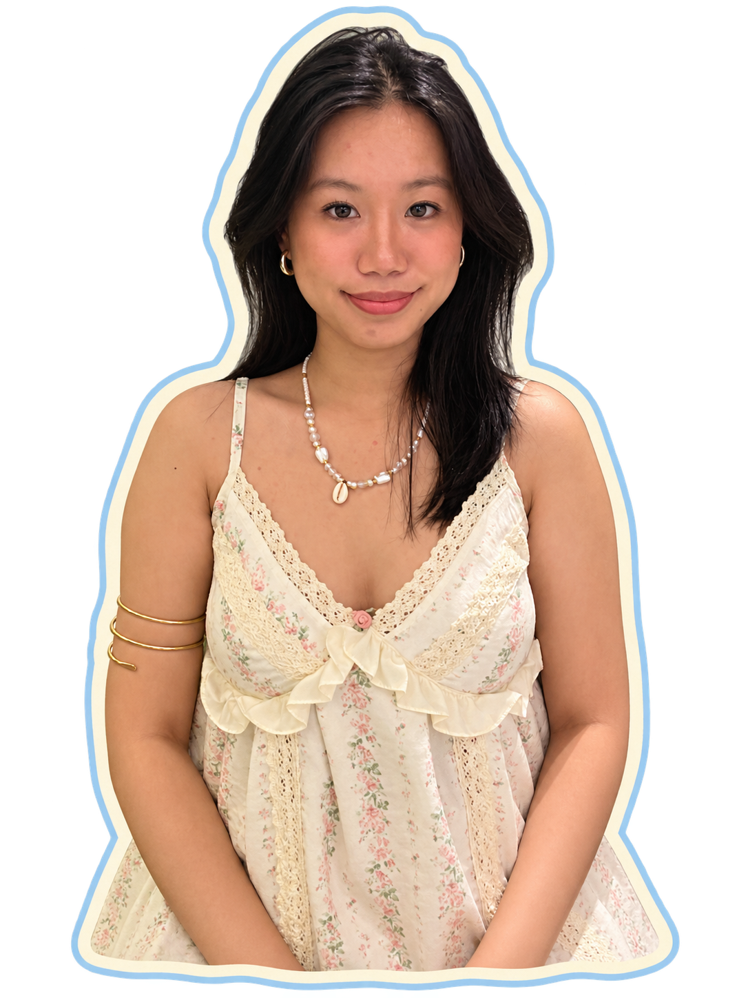 my, smiling in a floral dress
